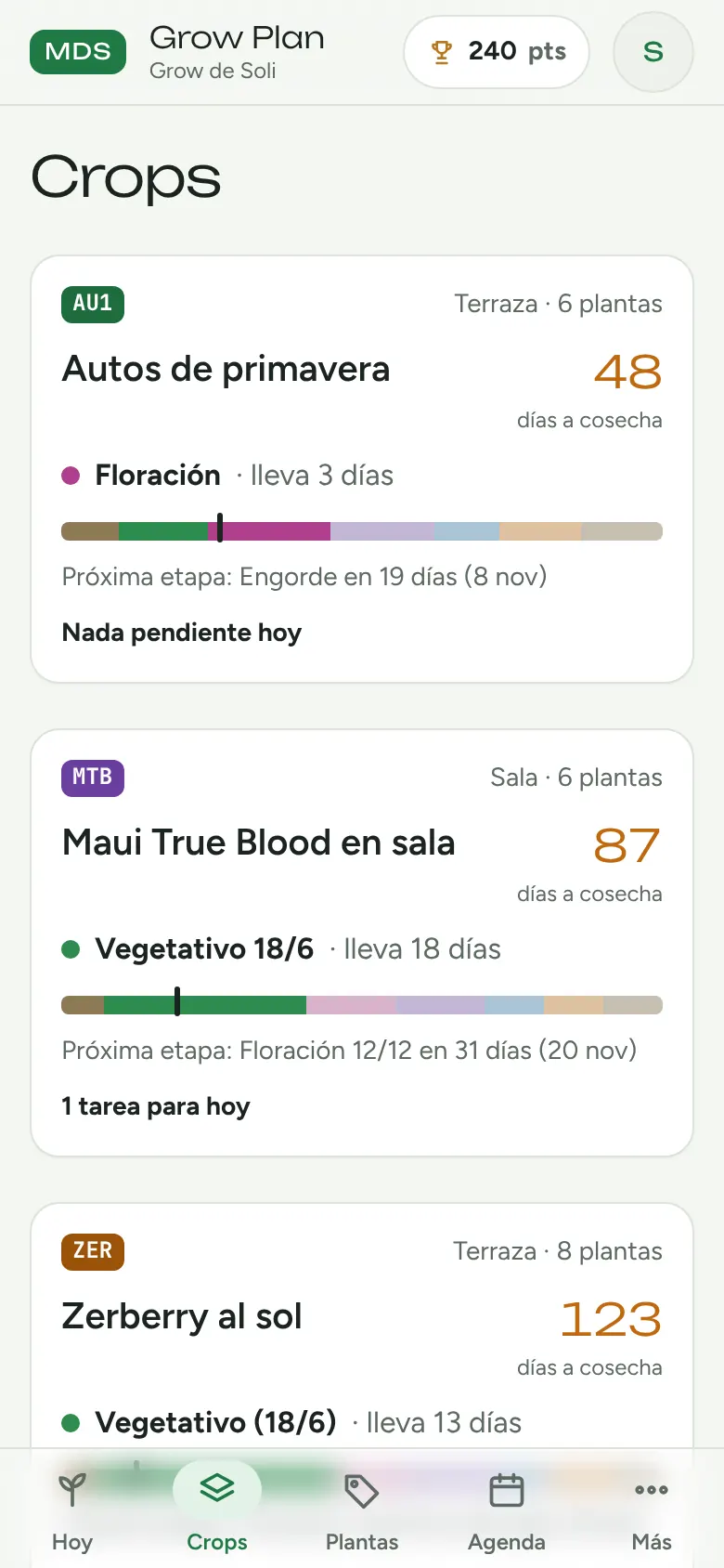 Pantalla Crops: cada crop con su etapa y los días que faltan para la cosecha